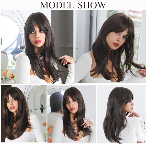 OUFEI 20 Inches Long Straight Dark Brown Gradient Synthetic Hair Wigs with Fringe for Women Daily Use for Party