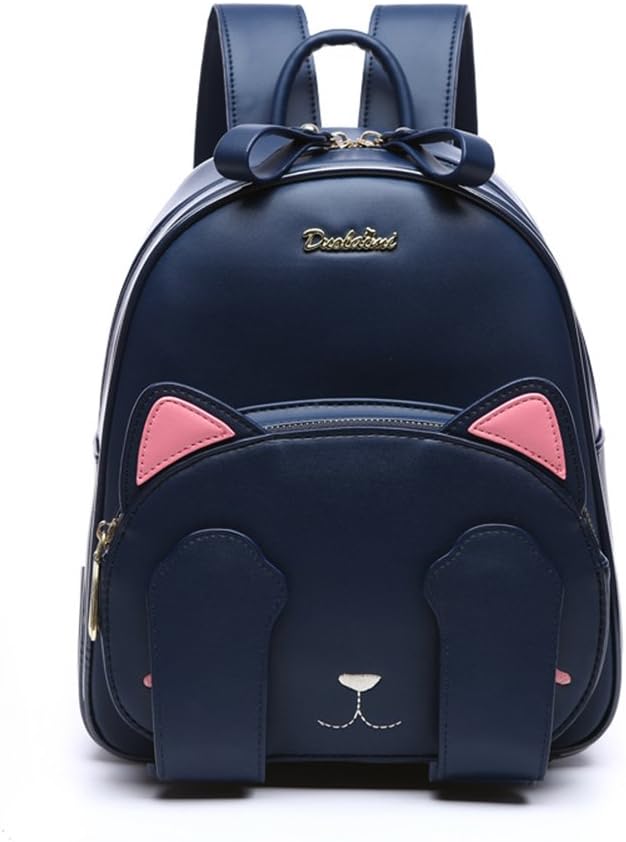 Boyesio women cute cat Pu leather backpacks girl schoo lbags casual daypack (Dark Blue)