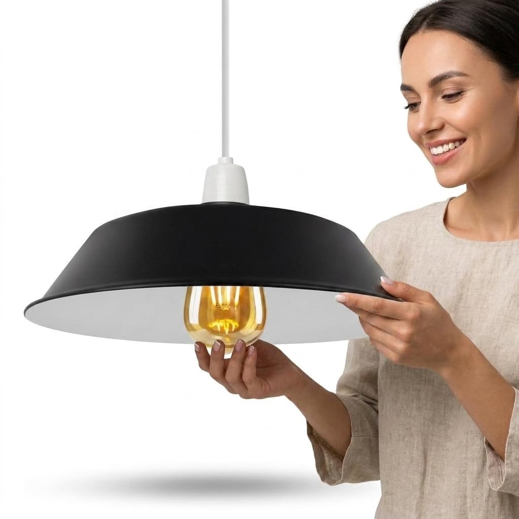 LEDSone Retro 36cm Black Inner White Pendant Lampshade, Hanging Pendant Light Shade Easy Fit Various Type Indoor Lampshade loft Industrial Style Metal Light Shade — image 1
