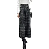 chouyatou Women's Winter High Waist Wide Leg Plaid Wool Blend Palazzo Capri Pants Culottes with Pockets