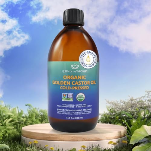 QUEEN OF THE THRONES Organic Golden Castor Oil - 500mL (16.91 Fl Oz (Pack of 1)) | 100% Pure & Expeller Pressed for Hair, Skin & Digestion | Hexane Free | USDA Certified