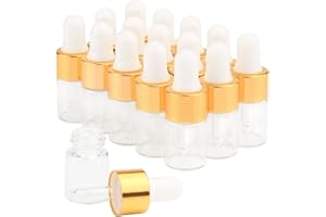 GLASSTORE 15Pcs Glass Essential Oil Dropper Bottles Clear Mini 1ml/2ml/3ml Perfume Dropping Bottle Cosmetic Sample Vials with Gold Cap and White Latex