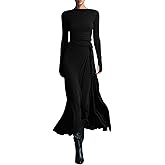 Bodycon Dresses for Women - Bohemian Cotton Stretch Round Neck Asymmetrical Draped Spring Long Sleeve Cocktail Maxi Dress