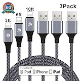 Phone Charger Cable 3Pack 3FT 6FT 10FT Nylon Braided Charging Cord to USB Cable Compatible Phone XS XR X 8 8Plus 7 7Plus 6s 6sPlus 6 6Plus SE 5 5s 5c(Grey&Black)
