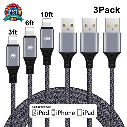 Phone Charger Cable 3Pack 3FT 6FT 10FT Nylon Braided Charging Cord to USB Cable Compatible Phone XS XR X 8 8Plus 7 7Plus 6s 6sPlus 6 6Plus SE 5 5s 5c(Grey&Black)