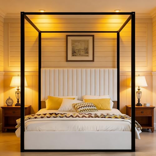 LUMISOL Queen Size Upholstered Canopy Bed with Tall Headboard, Black