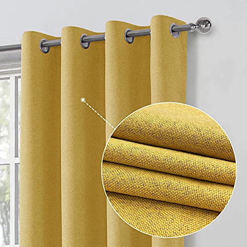 always4u 100% Blackout Curtains for Bedroom 1 Pair Modern Linen Look Window Treatment for Home Decoration 3-layer Fully Lined Thermal Curtain Yellow 46x54
