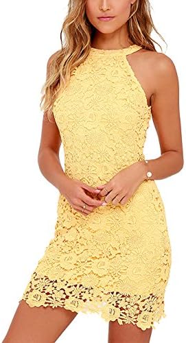 Yikomi Women's Summer Halter Neck Midi Lace Party Cocktail Dress (4, Yellow)