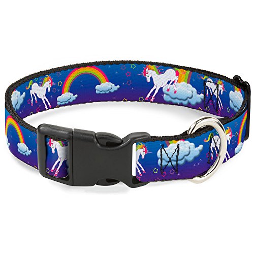 Buckle-Down Plastic Clip Collar - Unicorns/Rainbows/Stars Blue/Purple - 1/2" Wide - Fits 6-9" Neck - Small