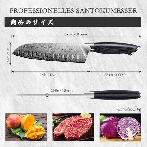 SANMEIHO Powder Steel Kitchen Knife, Japanese Chef's Knife, Santoku Knife, 18 cm, Professional Chef's Knife with High Carbon Content, Sharp Kitchen Knife with Ergonomic Pakka Wood Handle