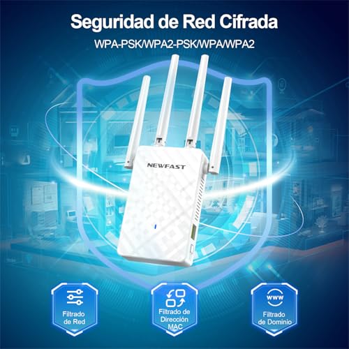 NEWFAST WiFi Signal Amplifier WiFi Repeater, 300Mbps 2.4GHz Wi-Fi Extender with 4 High Gain Antennas, Wi-Fi Amplifier LAN Port, WPS, 4 Mode