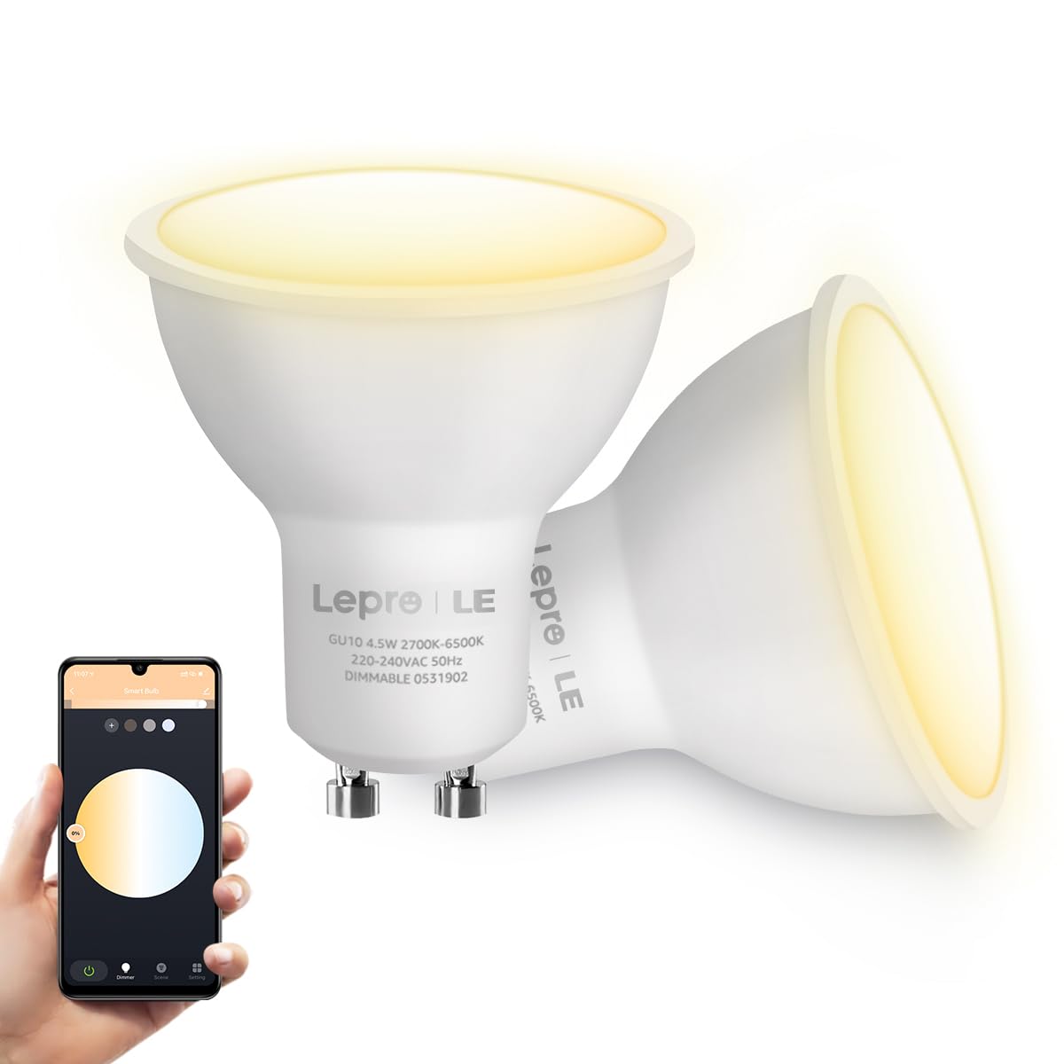 Lepro GU10 Smart Bulbs, Warm to Cool White Smart Light Bulbs GU10, Dimmable LED Spot Lightbulbs, Works with Alexa and Google Home, 4.5W, CCT, 100° Beam Angle, Pack of 2 (2.4GHz WiFi)