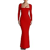 Kaximil Women's Sexy Long Sleeve Square Neck Bodycon Maxi Dress Split Cocktail Formal Long Dresses