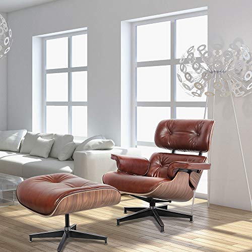 Aniline Leather Lounge Chair with Ottoman, Mid Century Recliner Replica with 8Layer Solid Wood
