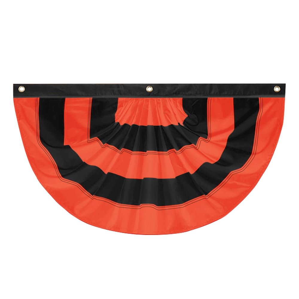 Photo 1 of LinaGarten Halloween Bunting Flag 2 x 4 ft Fully Sewn Orange & Black 5 Stripe with 3 Grommets Pleated Half Fan Flag Bunting Banner Trick or Treat Halloween Decor Outside Porch Garden Outdoor Yard Indoor Home