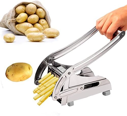 French Fry Cutter with Suction Feet, Stainless Steel Potato Slicer with 2 Interchangeable Blades for Vegetable and Fruit into Finger Sticks