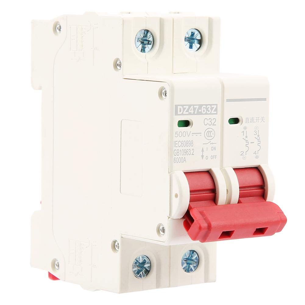 Miniature Circuit Breaker DC 500V 32A 2P Solar Overcurrent Protection Rail Mount MCB Disconnect Switch for Photovoltaic PV Systems