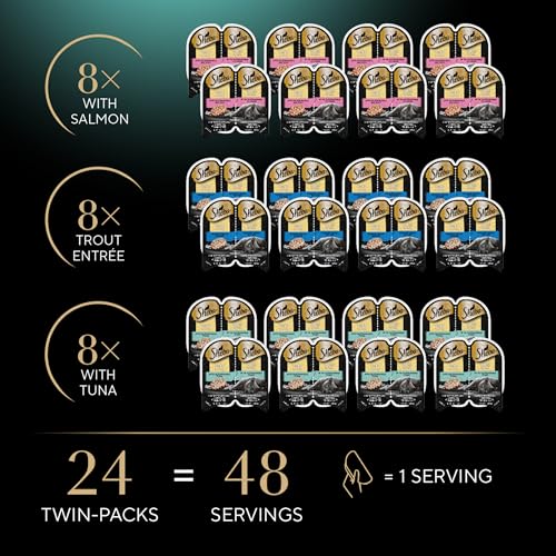 SHEBA PERFECT PORTIONS WET CAT FOOD CUTS IN GRAVY, WITH SUSTAINABLE SALMON, TENDER TROUT ENTREE, AND WITH SUSTAINABLE TUNA, 2.6 OZ. TWIN-PACK TRAYS (24 COUNT, 48 SERVINGS)
