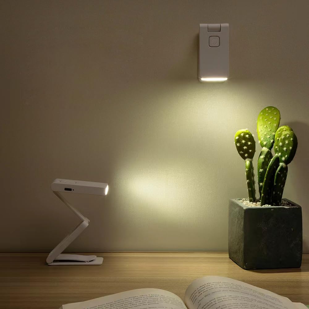 YZYOE LED Mini Rechargeable Portable Reading Light, Foldable Desktop Work and Study Light, Clip On Book BedHead Warm Light, 3 Color Temperature Stepless Dimming Small Book Accessories.