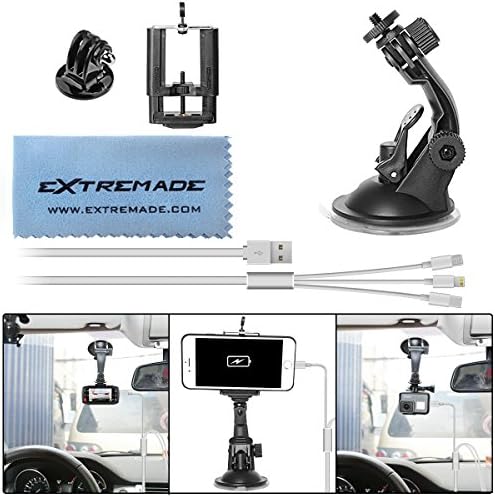 Extremade Car Suction Cup Mount for GoPro / Action Camera / iPhone / Smartphone Car Camcorder Suction Holder Cradle Bracket Support w/ Super Wide Cell Phone Clip / Gopro Adapter / 3in1 USB Cable