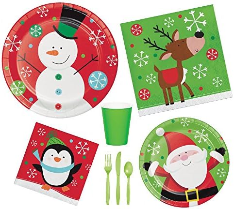 Christmas Theme Party Supply Pack for 8 Guests in Snowflake Fun Design. Bundle Includes Plates, Napkins, Cups, and Cutlery