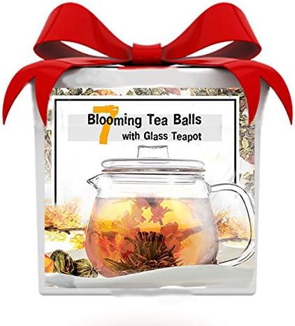 Best Gift for Women Organic Flowering Tea Gift Set: Glass Teapot with Infuser and Cups & 7 Blooming Flower Tea Balls with Natural Vanilla Flavor (Glass Teapot + 7 Blooming Tea)