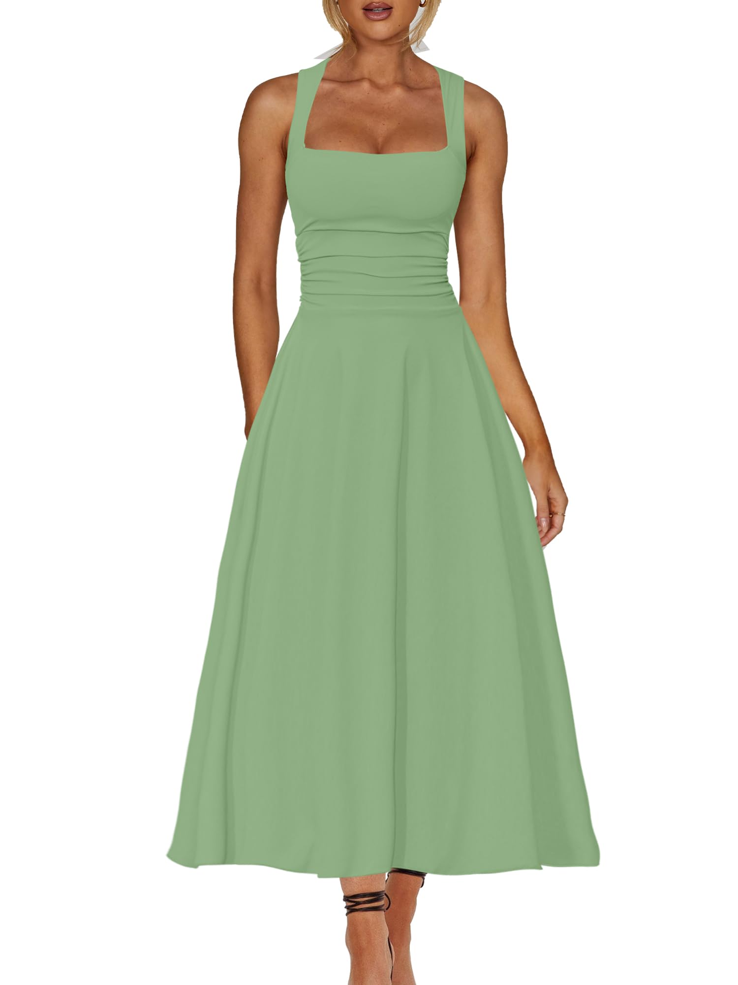 Photo 1 of Kaximil Women's Square Neck Corset A Line Maxi Dress Ruffle Ruched Waist Flowy Long Dresses, Large, Pea Green