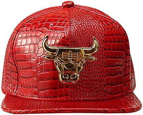 Unisex Hip Hop Dance Bull Logo Flat Panel Brim Snap Back Leather Hat Cap Red