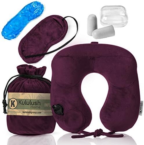 Ultra Comfortable Inflatable Travel Pillow – Portable, Lightweight, Super Compact Neck Support for Airplane, Car, and Train + FREE Travel Accessories Pack – Eye Mask and Ear Plugs (Royal purple)
