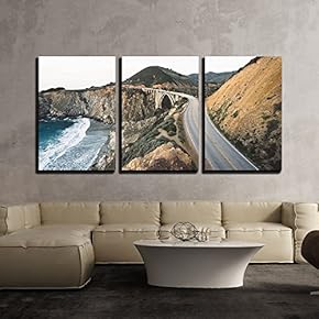 3 Piece Canvas Wall Art - Highwayalong The Coast with Mountains - Modern Home Art Stretched and Framed Ready to Hang - 16"x24"x3 Panels