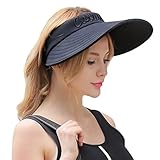CACUSS Women's Summer Sun Hat Large Brim Visor Adjustable Velcro Packable UPF 50+(Black)