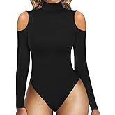 MANGOPOP Long Sleeve Body Suits Mock Turtleneck Sexy Cold Shoulder Cutout Going Out Tops