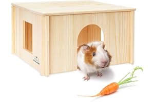 PAWCHIE Wooden Hut for Guinea Pig with Windows - Detachable and Large Size Wood House, Suitable for Guinea Gigs, Hamsters, Chinchillas and Other Small Animals Hideout