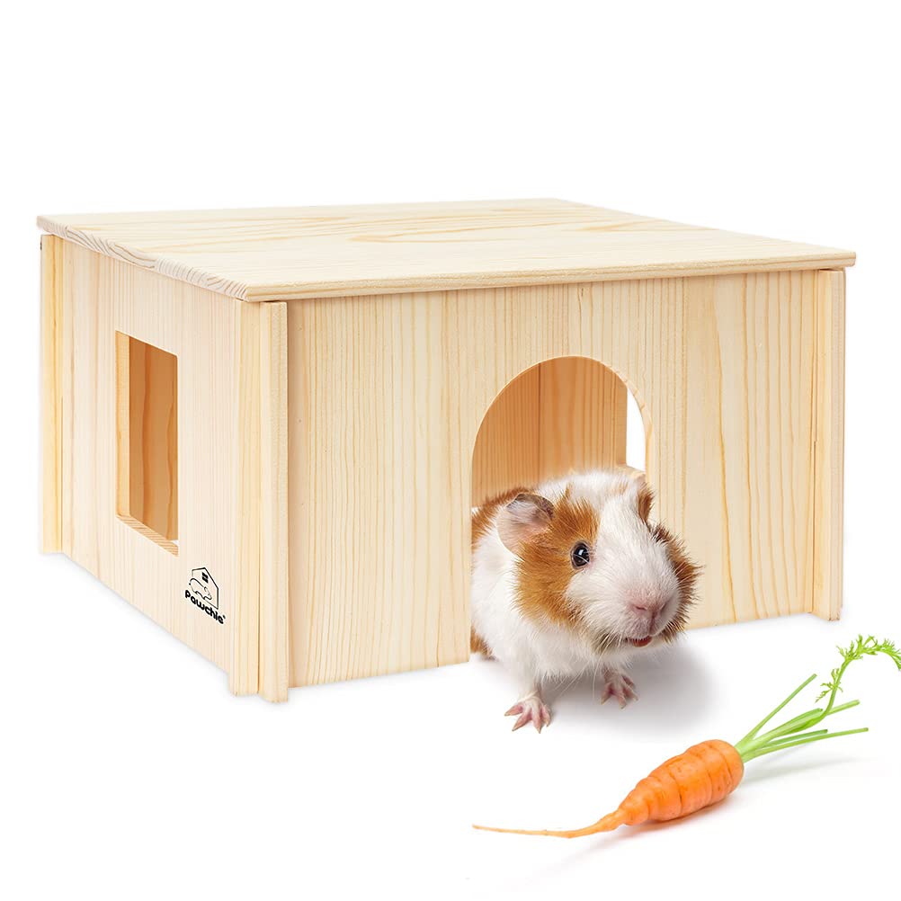 PAWCHIE Wooden Hut for Guinea Pig with Windows - Detachable and Large Size Wood House, Suitable for Guinea Gigs, Hamsters, Chinchillas and Other Small Animals Hideout