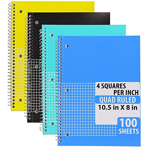 Spiral Notebooks Quad Ruled Heavy Duty White Paper 100 Sheets Assorted