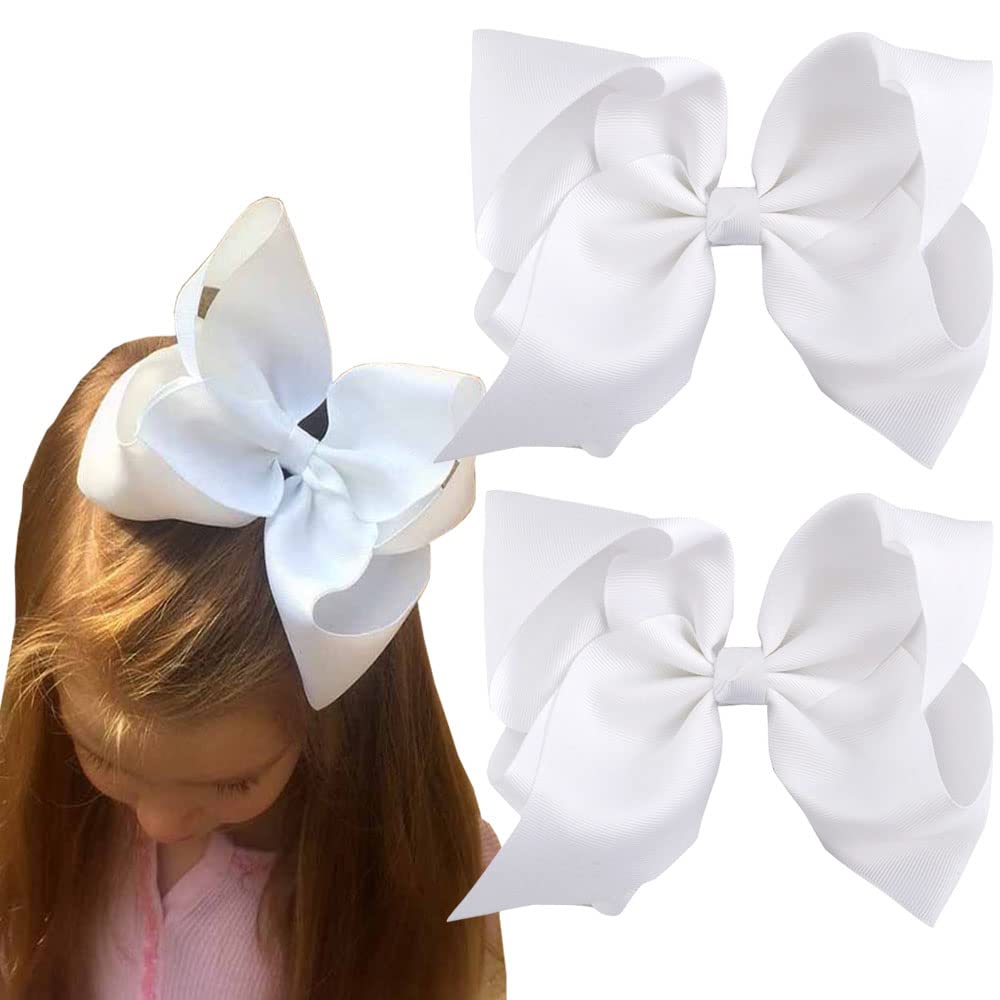 Photo 1 of SALOCY 2 PCS 8 Inch Boutique Hair Bows Clips for Girls Toddler, Grosgrain Ribbon Big Large Bows Alligator Clips Kids Hair Accessories (White, Set-1)