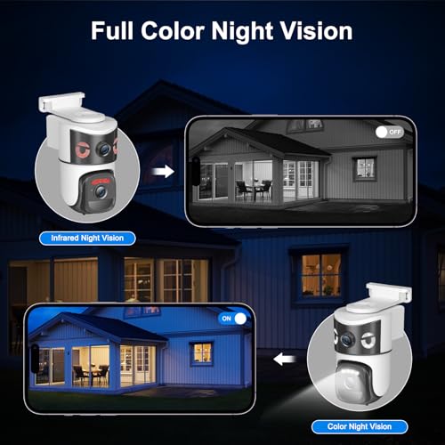 4K Dual Lens Solar Security Cameras Wireless Outdoor, 2.4G WiFi Camera Eurveillance Exterieur, 360° PTZ Solar Powered Security Camera with Color Night Vision, PIR Sensor, Spotlight Siren, 2-Way Audio