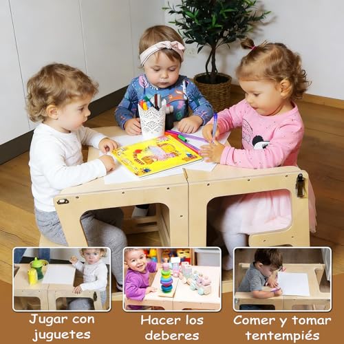 YISHEN 4In1 Torre de Aprendizaje Montessori,Torre Montessori para Niños Antideslizante,Torre de Aprendizaje con Tablero Blanco y Negro,Ajustable en Altura,con Pincel y Borrador,para Niños de 1a3 Años