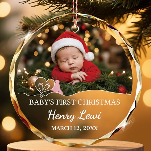 ALBK Custom Baby's First Glass Christmas Ornament 2025 - Personalized Baby Photo Ornament for Christmas Tree, Newborn Birth States Boy Girl Keepsake