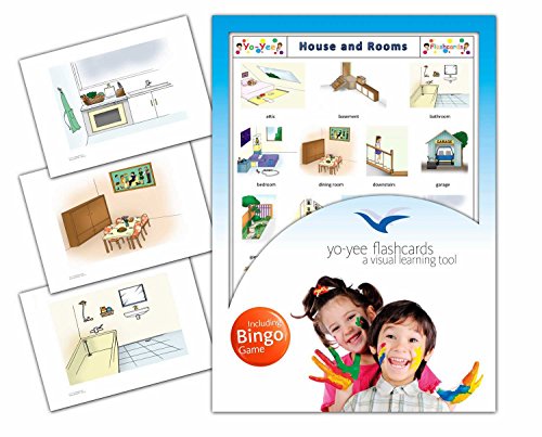 House and Rooms Flash Cards in English with Matching Bingo Game Cards in One Set - Vocabulary Picture Cards for Toddlers, Kids, Children and Adults - Size 4.13  5.83 in - DIN A6