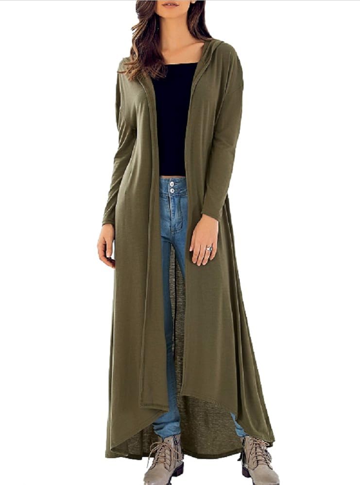 Long Ankle Length Cardigan Duster Hooded Long Sleeve Black Olive