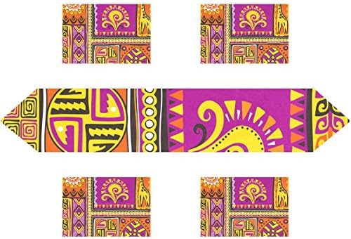 African Art Tribal Print Rectangle Table Runner 13 x 90 inch with Placemat Table Mat 12 x 18 inch Set of 4, for Wedding, Party, Dinner, Summer & Picnic Country Outdoor Home Decor,