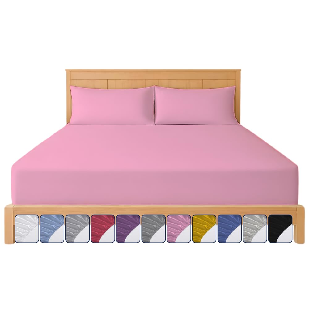 Fitted Sheet 40cm with Extra Deep Pockets - OEKO-TEX Certified Bed Sheet Single Size 90X190CM | Hotel Quality & Wrinkle Resistant | Brushed Microfibre Fitted Sheets (Pink, Single 40 CM)
