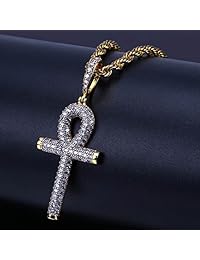 TOPGRILLZ - Collar con colgante de cruz egipcia con diamantes de imitación de circonita cúbica totalmente helada chapada en oro de 14 quilates