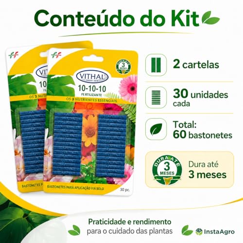 Adubo Fertilizante Vithal Bastonetes 10-10-10, Aplicação via Solo, Kit com 2 Pacotes, 30 Unidades Cada
