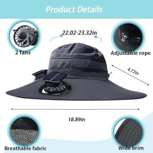 Solar Fan Sun Hat Wide Brim Hat Outdoor Wide Brim Sun Hat with 2 Solar Fan Fishing Hat, Hat UPF 50+, Removable & USB Charging