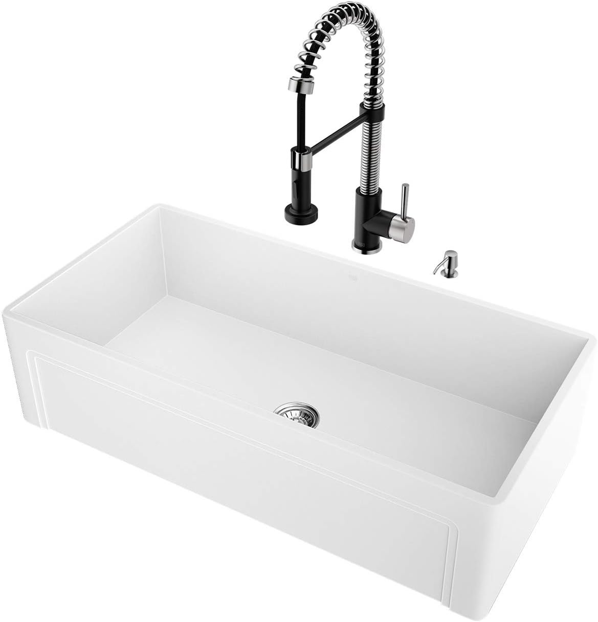 VIGO All-In-One 36" Casement Front Matte Stone Farmhouse Kitchen Sink Set With Edison Faucet In Matte Black/Stainless Steel, Strainer And Soap Dispenser