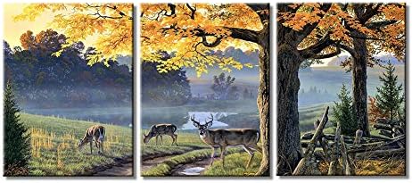 Yiijeah Wall Decor,3 Piece Deer Green Yellow Tree Landscape Painting Print on Canvas,Contemporary Framed Artwork for Living Room Bedroom Home Decor 12x16inchx3p Wall Art