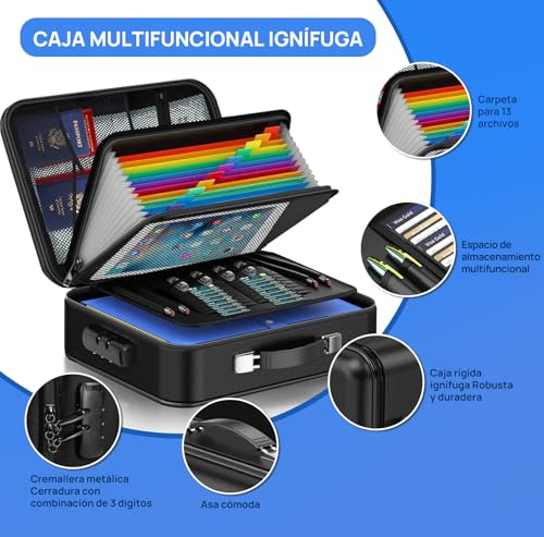 Caja Ignífuga para Documentos, Organizador de Archivos Ignífugo de Carcasa Dura con Cerradura y Carpeta Acordeón con13Bolsillos, Caja Fuerte Portátil para Hogar, Oficina y Viajes Negro