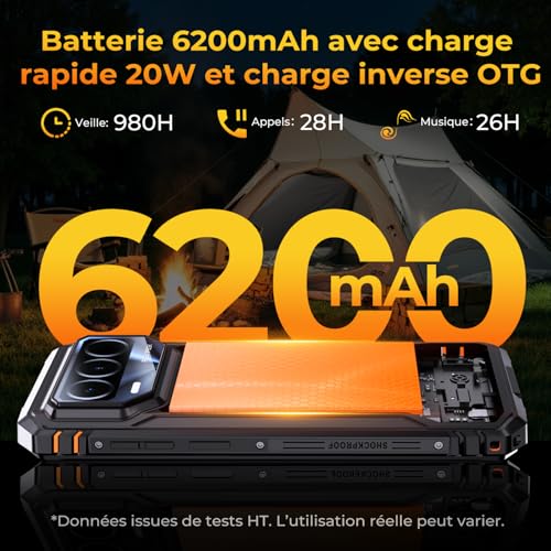 HOTWAV T8 Unbreakable Android Phone 16, 12GB+64GB/TF 2TB, 6200mAh 20W, 20MP+5MP, 6.74" HD+ 120Hz Portable Smartphone, Camping Lamp/IP68&IP69K+MIL-STD-81OH/Gemini AI/NFC/GPS/Dual SIM